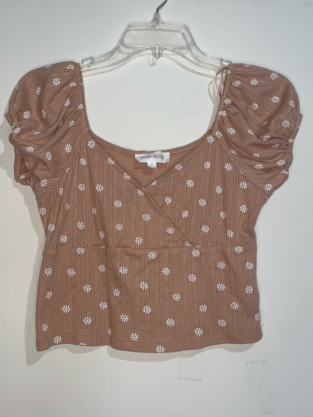 Pink Rose Cotton Blend Puff Sleeve V Neck Daisy Pattern Light Brown M Crop Top